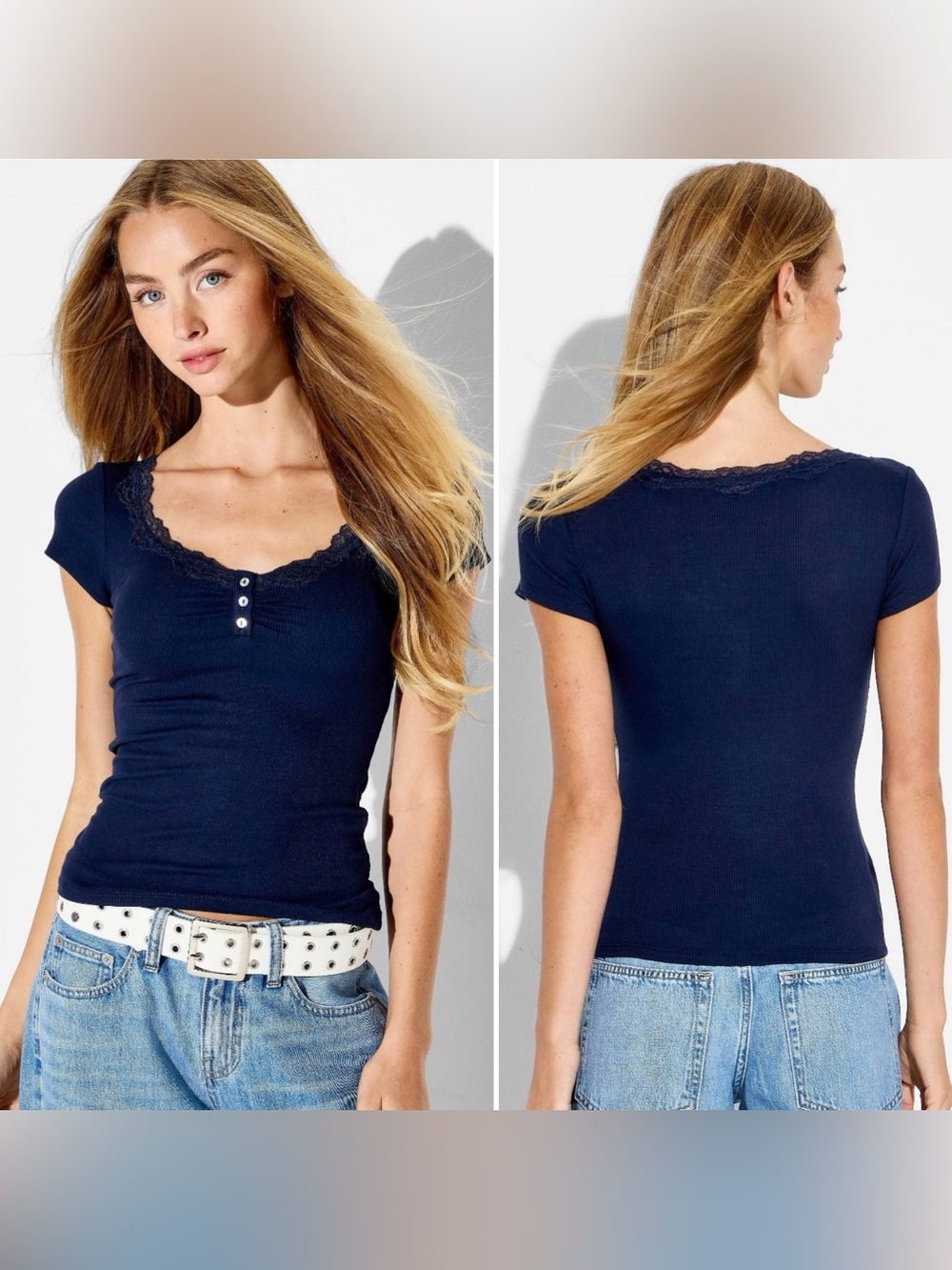 wild fable Navy Lace-Trim Short Sleeve Henley